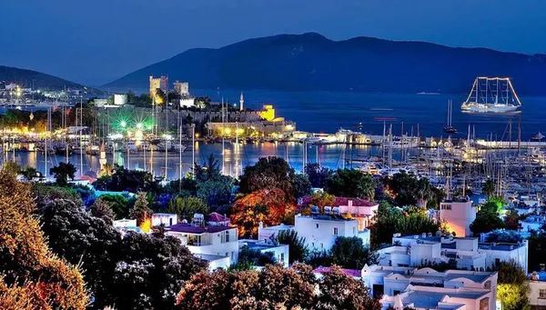 A view of Bodrum with its white houses and the sea
