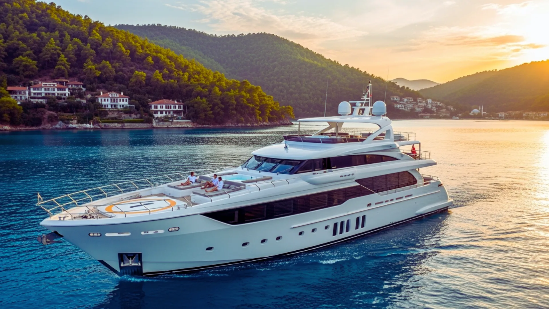 Luxury yacht sailing in Mediterranean waters with scenic coastline