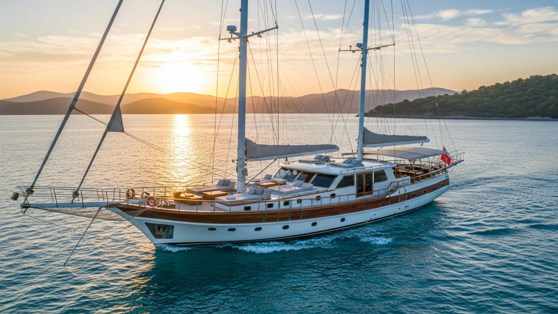 Luxury yacht sailing in the Eastern Mediterranean with scenic coastline